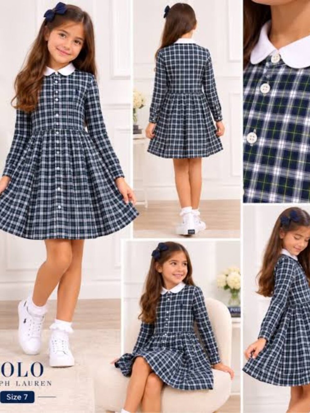 Polo by Ralph Lauren Navy and White Plaid Button-Down Girls Dress Sz: 4/4T